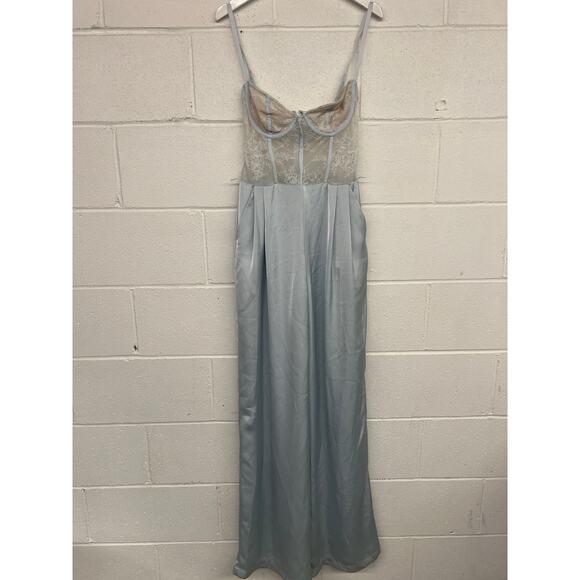 Katie May Sz Small Light Blue Tink Satin Lace Corset Wide Leg Cocktail Jumpsuit - Picture 4 of 9